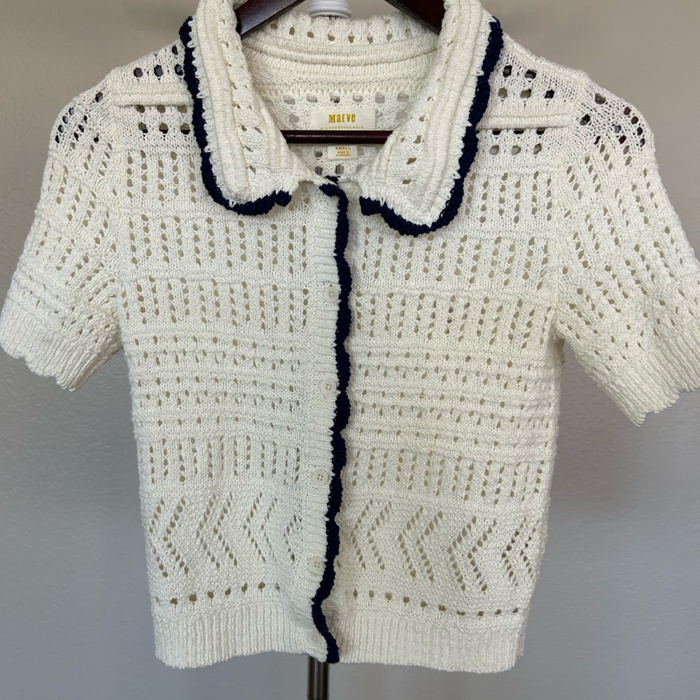 Maeve Anthropologie Crochet Collared Cardigan Top Cream Navy Trim Size Small